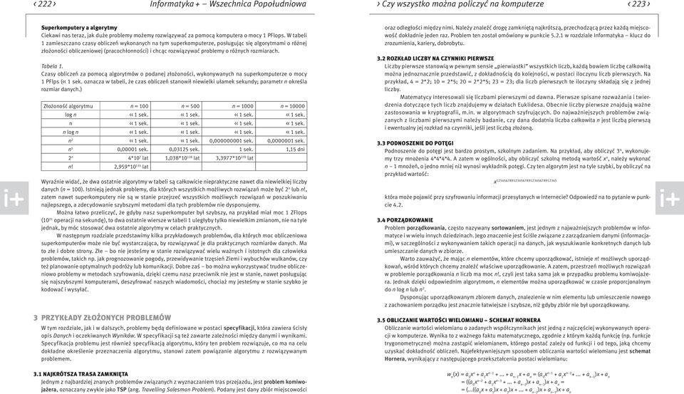 W tabeli 1 zamieszczano czasy obliczeń wykonanych na tym superkomputerze, posługując się algorytmami o różnej złożoności obliczeniowej (pracochłonności) i chcąc rozwiązywać problemy o różnych