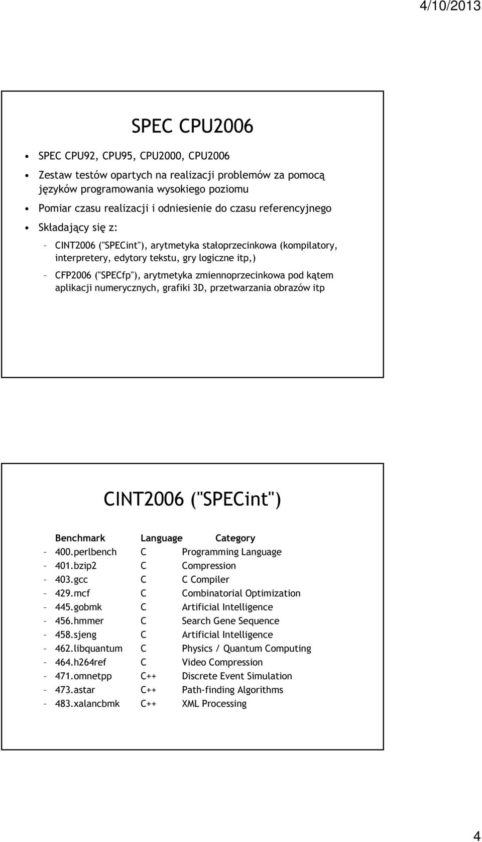 kątem aplikacji numerycznych, grafiki 3D, przetwarzania obrazów itp CINT2006 ("SPECint") Benchmark Language Category 400.perlbench C Programming Language 401.bzip2 C Compression 403.