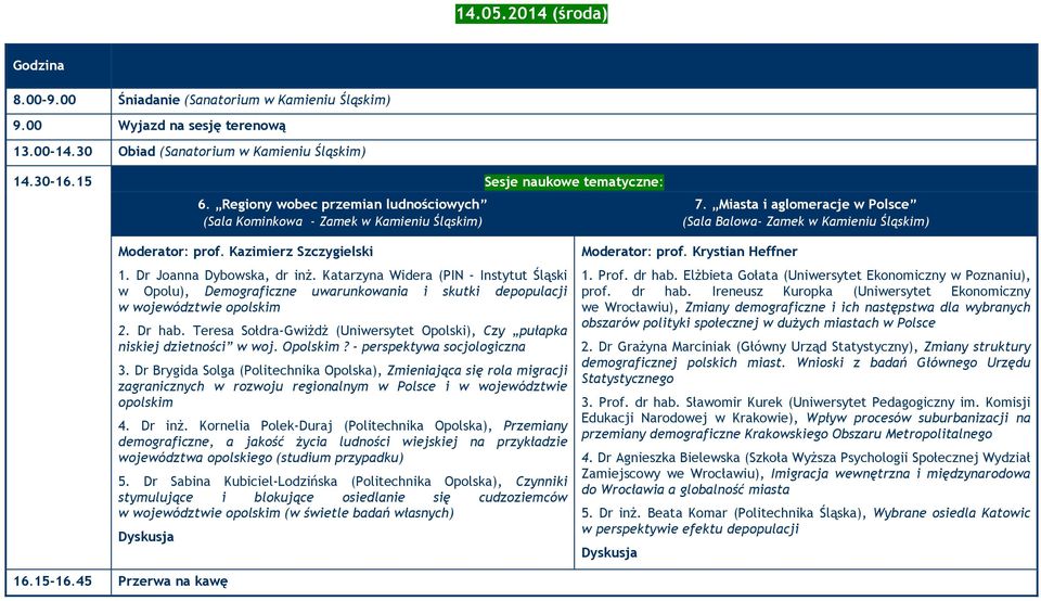 Kazimierz Szczygielski 1. Dr Joanna Dybowska, dr inż. Katarzyna Widera (PIN - Instytut Śląski w Opolu), Demograficzne uwarunkowania i skutki depopulacji w województwie opolskim 2. Dr hab.