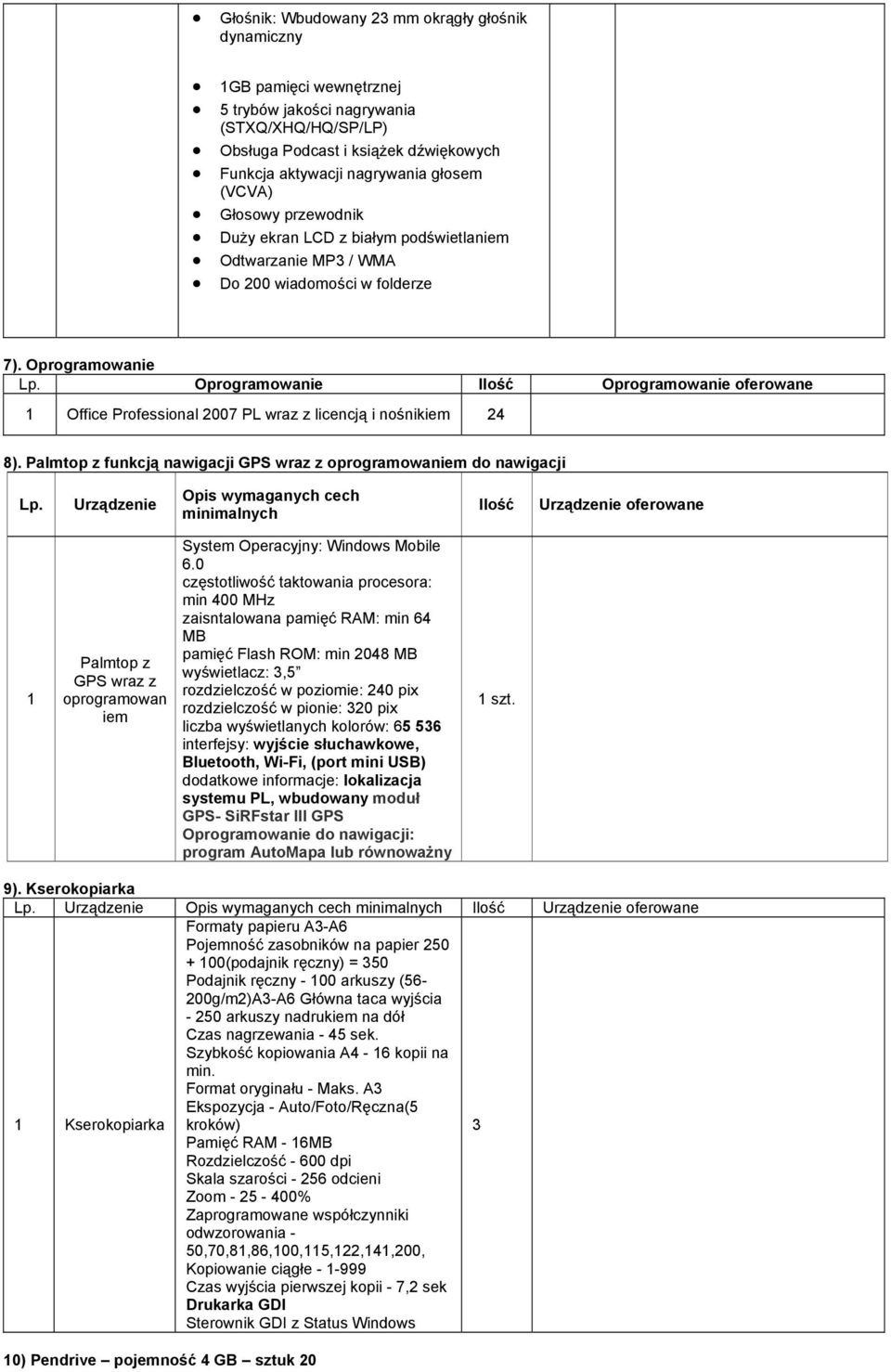 Oprogramowanie Ilość Oprogramowanie oferowane Office Professional 2007 PL wraz z licencją i nośnikiem 24 8). Palmtop z funkcją nawigacji GPS wraz z oprogramowaniem do nawigacji Lp.