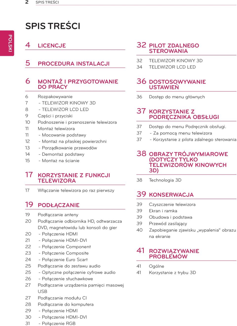 przewodów 14 - Demontaż podstawy 15 - Montaż na ścianie 17 KORZYSTANIE Z FUNKCJI TELEWIZORA 17 Włączanie telewizora po raz pierwszy 19 PODŁĄCZANIE 19 Podłączanie anteny 20 Podłączanie odbiornika HD,