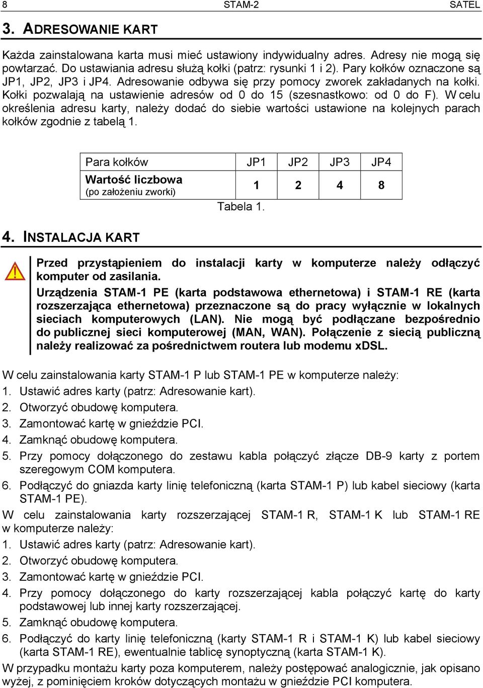 W celu określenia adresu karty, należy dodać do siebie wartości ustawione na kolejnych parach kołków zgodnie z tabelą 1. Para kołków JP1 JP2 JP3 JP4 Wartość liczbowa (po założeniu zworki) 4.