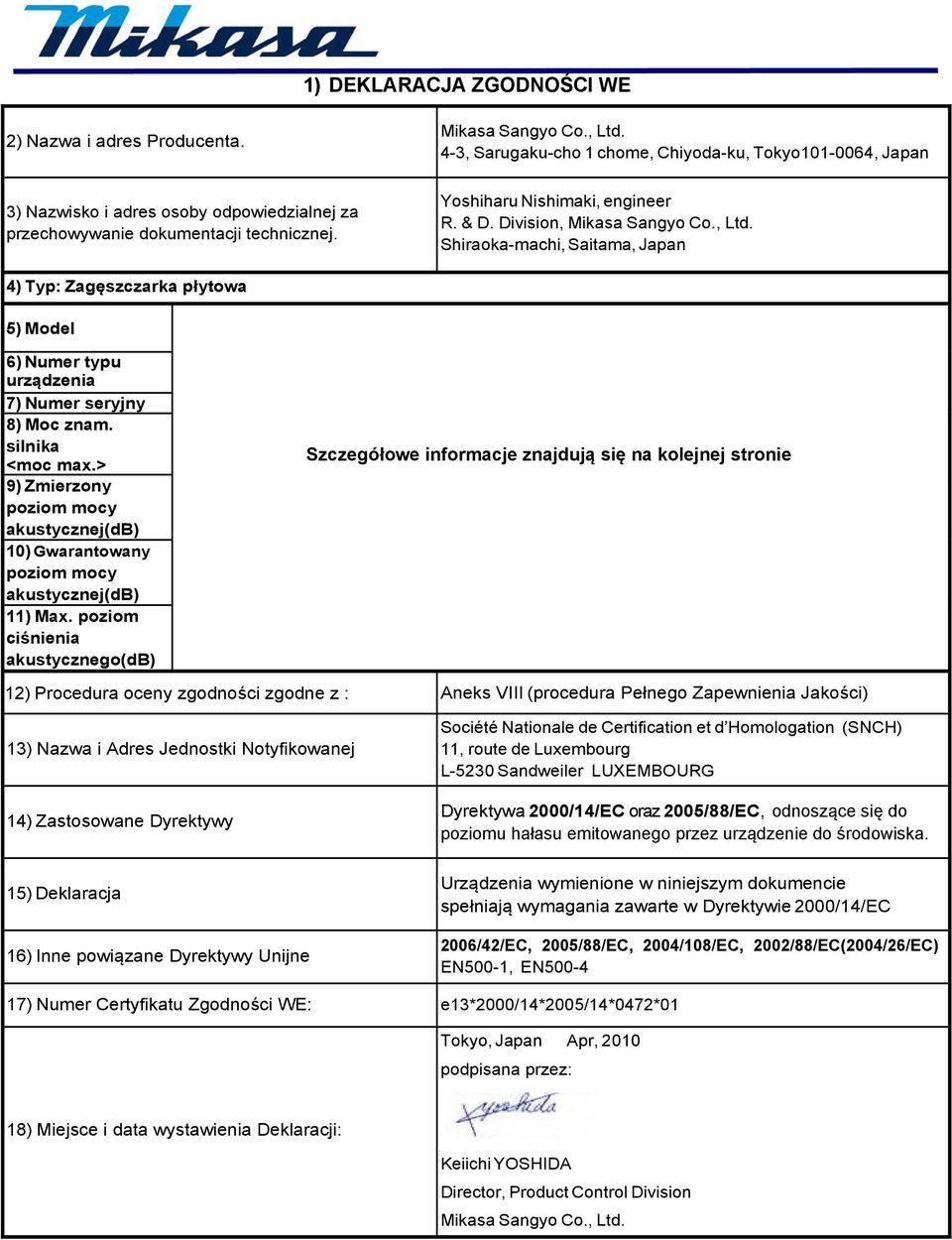 Division, Mikasa Sangyo Co., Ltd. Shiraoka-machi, Saitama, Japan 4) Typ: Zagęszczarka płytowa 5) Model 6) Numer typu urządzenia 7) Numer seryjny 8) Moc znam. silnika <moc max.