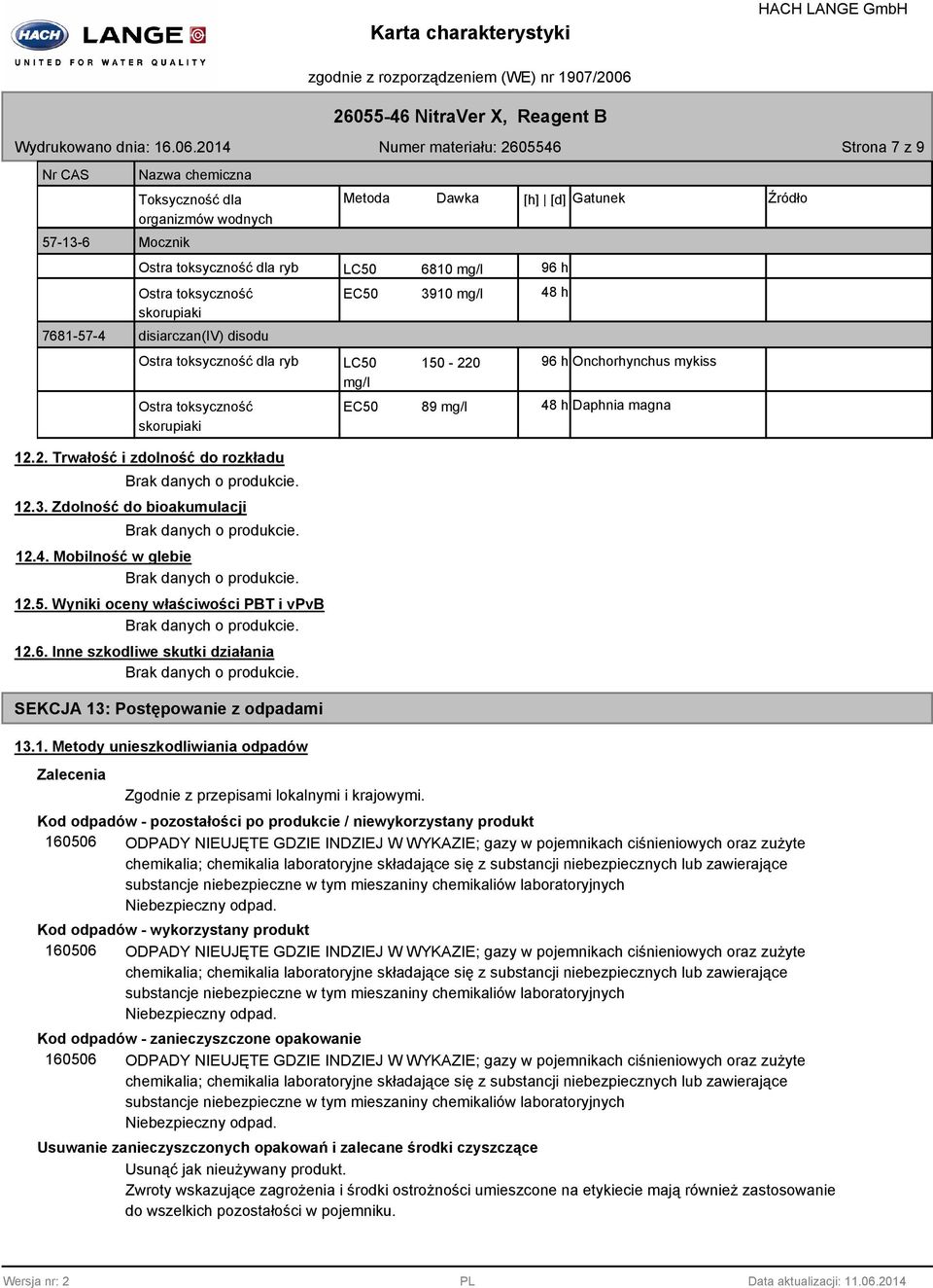 3. Zdolność do bioakumulacji 12.4. Mobilność w glebie 12.5. Wyniki oceny właściwości PBT i vpvb 12.6. Inne szkodliwe skutki działania SEKCJA 13: Postępowanie z odpadami 13.1. Metody unieszkodliwiania odpadów Zalecenia Zgodnie z przepisami lokalnymi i krajowymi.