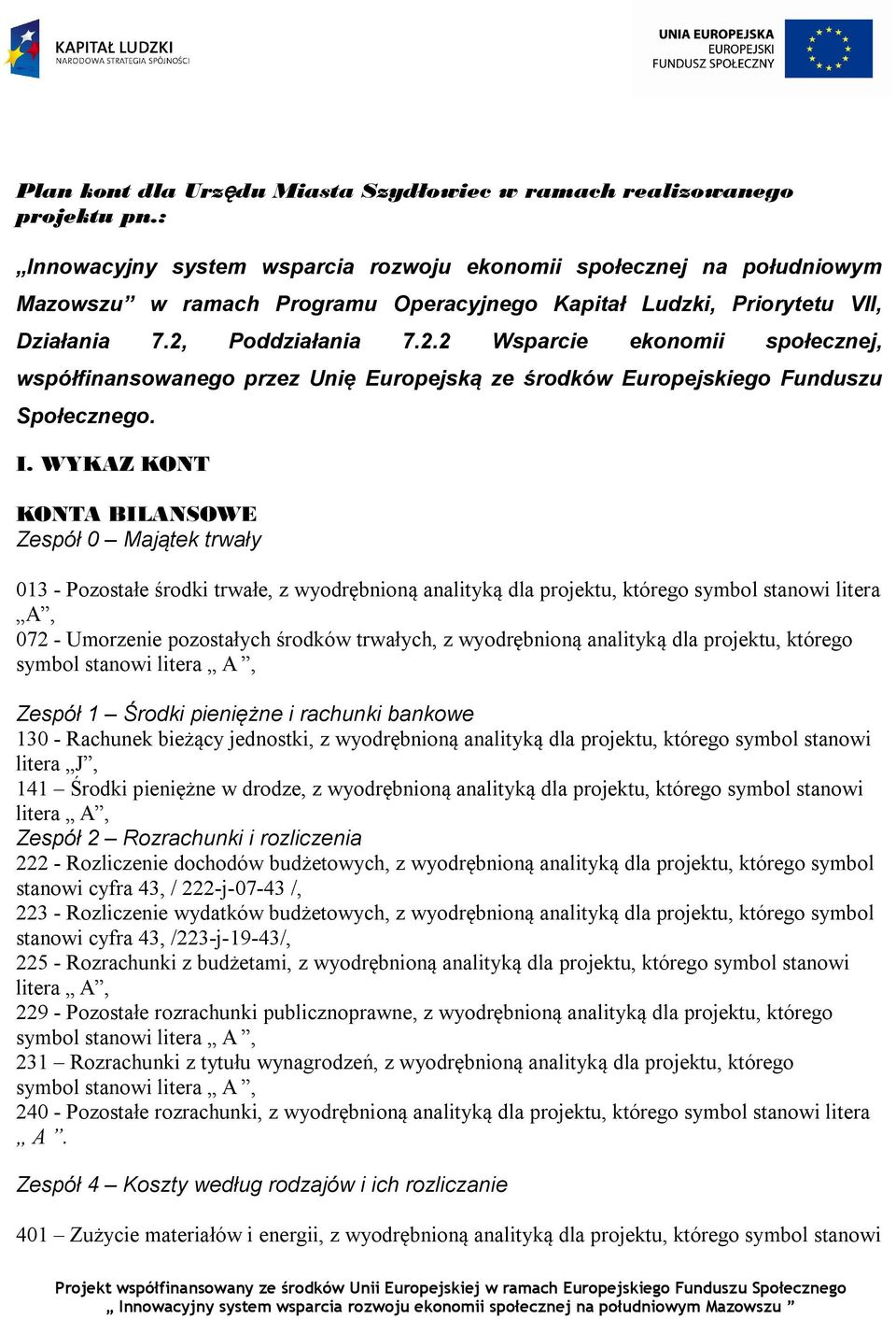 Poddziałania 7.2.2 Wsparcie ekonomii społecznej, współfinansowanego przez Unię Europejską ze środków Europejskiego Funduszu Społecznego. I.