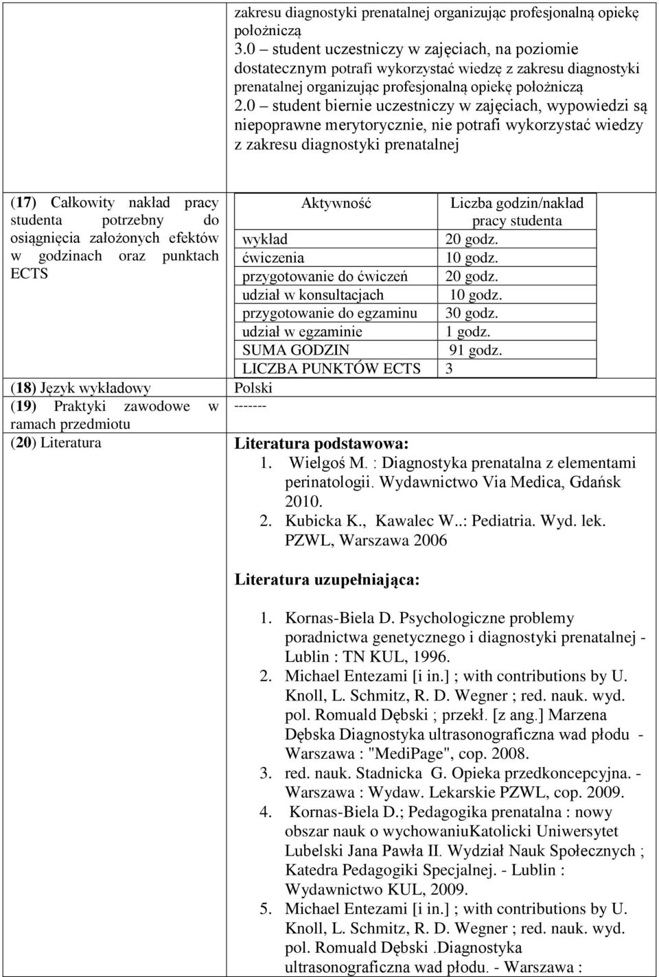 0 student biernie uczestniczy w zajęciach, wypowiedzi są niepoprawne merytorycznie, nie potrafi wykorzystać wiedzy z zakresu diagnostyki prenatalnej (17) Całkowity nakład pracy Aktywność Liczba