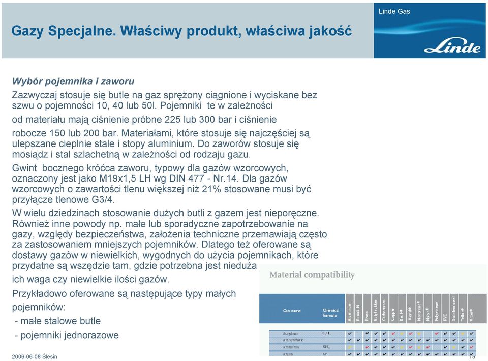 Materiałami, które stosuje się najczęściej są ulepszane cieplnie stale i stopy aluminium. Do zaworów stosuje się mosiądz i stal szlachetną w zależności od rodzaju gazu.