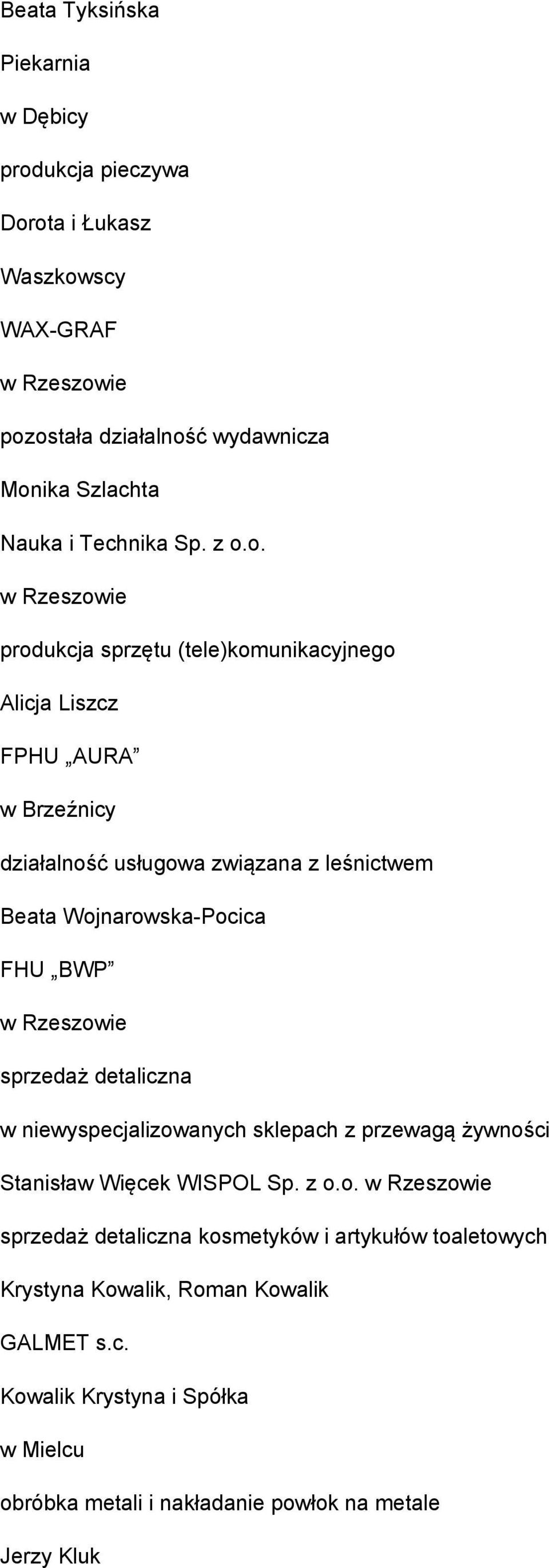 o. produkcja sprzętu (tele)komunikacyjnego Alicja Liszcz FPHU AURA w Brzeźnicy działalność usługowa związana z leśnictwem Beata Wojnarowska-Pocica FHU