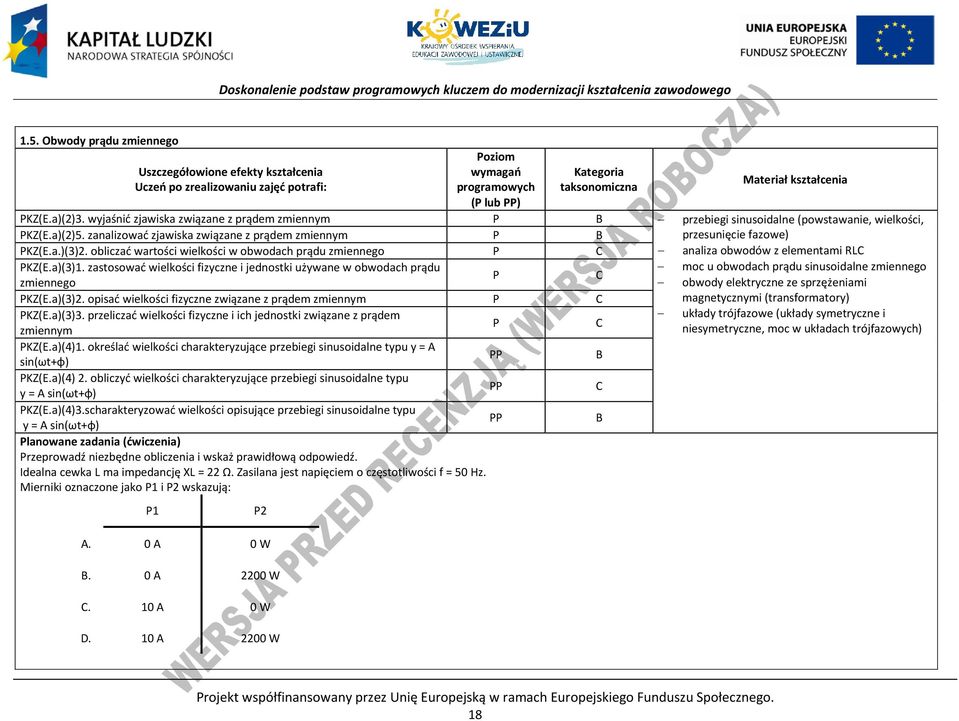 obliczać wartości wielkości w obwodach prądu zmiennego analiza obwodów z elementami RL KZ(E.a)(3)1.