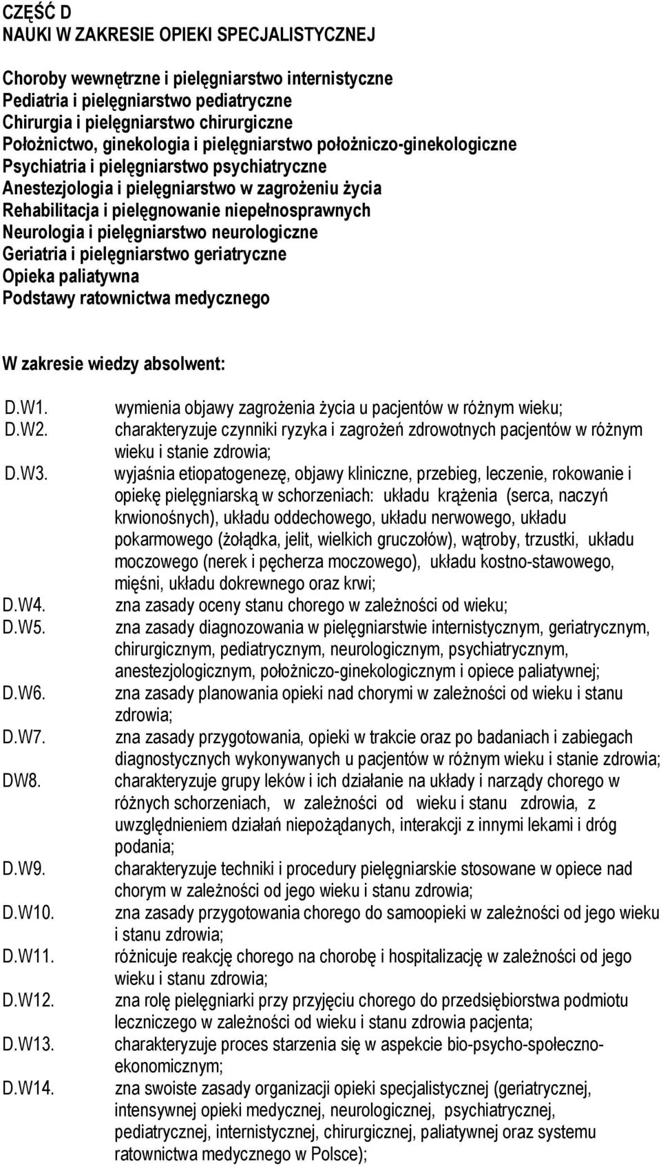 Neurologia i pielęgniarstwo neurologiczne Geriatria i pielęgniarstwo geriatryczne Opieka paliatywna Podstawy ratownictwa medycznego W zakresie wiedzy absolwent: D.W1. D.W2. D.W3. D.W4. D.W5. D.W6. D.W7.