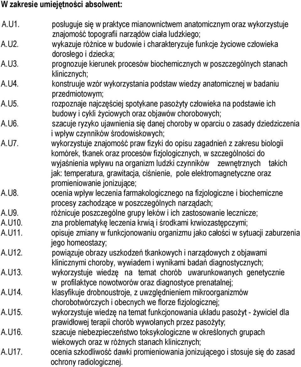 dziecka; prognozuje kierunek procesów biochemicznych w poszczególnych stanach klinicznych; konstruuje wzór wykorzystania podstaw wiedzy anatomicznej w badaniu przedmiotowym; rozpoznaje najczęściej