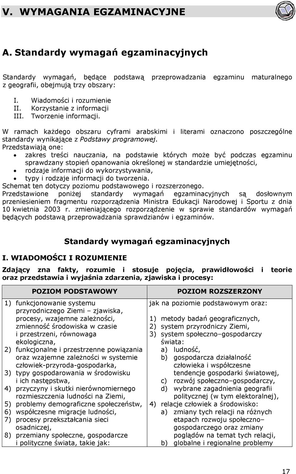 W ramach każdego obszaru cyframi arabskimi i literami oznaczono poszczególne standardy wynikające z Podstawy programowej.