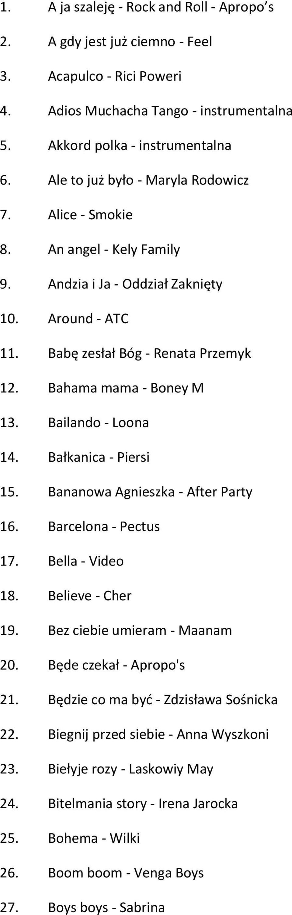 Bailando - Loona 14. Bałkanica - Piersi 15. Bananowa Agnieszka - After Party 16. Barcelona - Pectus 17. Bella - Video 18. Believe - Cher 19. Bez ciebie umieram - Maanam 20.