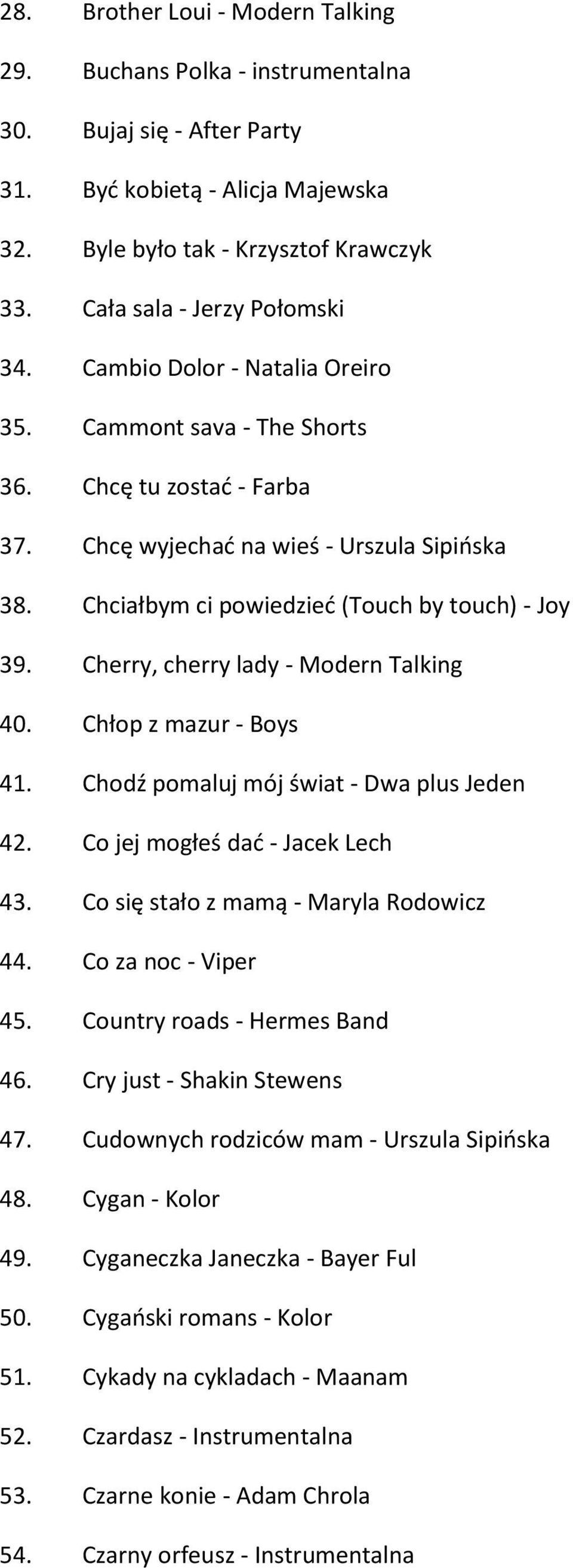 Chciałbym ci powiedzieć (Touch by touch) - Joy 39. Cherry, cherry lady - Modern Talking 40. Chłop z mazur - Boys 41. Chodź pomaluj mój świat - Dwa plus Jeden 42. Co jej mogłeś dać - Jacek Lech 43.