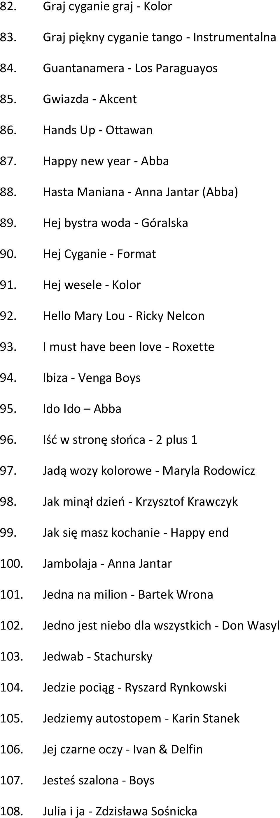 Ibiza - Venga Boys 95. Ido Ido Abba 96. Iść w stronę słońca - 2 plus 1 97. Jadą wozy kolorowe - Maryla Rodowicz 98. Jak minął dzień - Krzysztof Krawczyk 99. Jak się masz kochanie - Happy end 100.