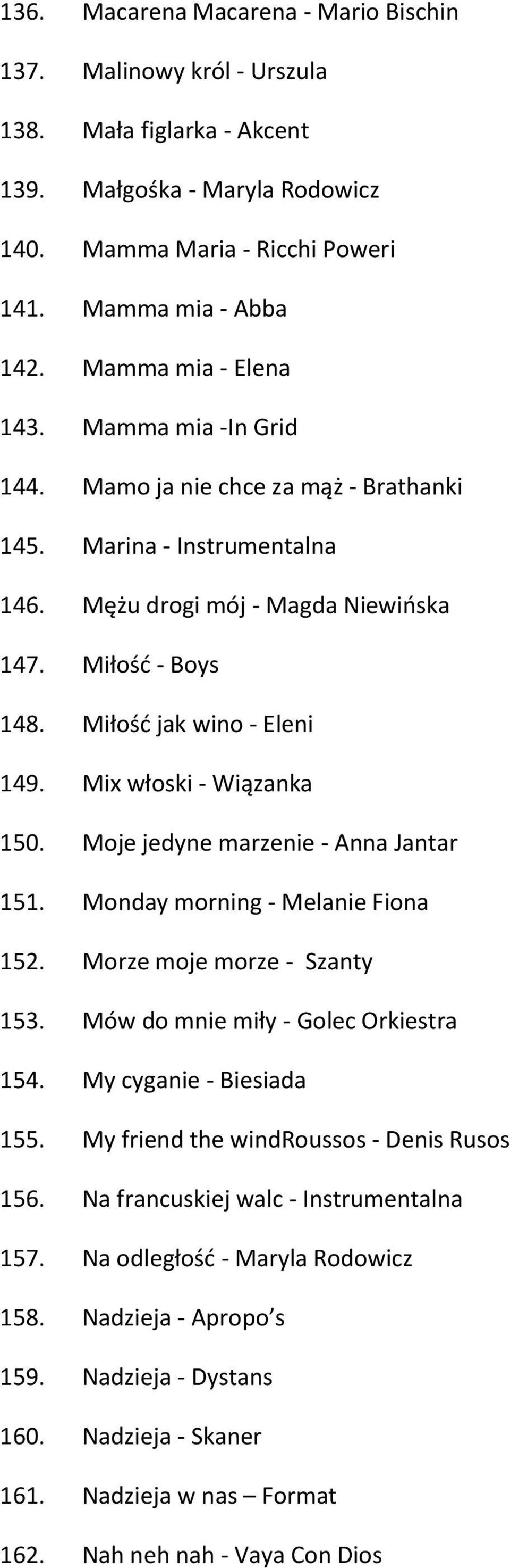 Miłość jak wino - Eleni 149. Mix włoski - Wiązanka 150. Moje jedyne marzenie - Anna Jantar 151. Monday morning - Melanie Fiona 152. Morze moje morze - Szanty 153.