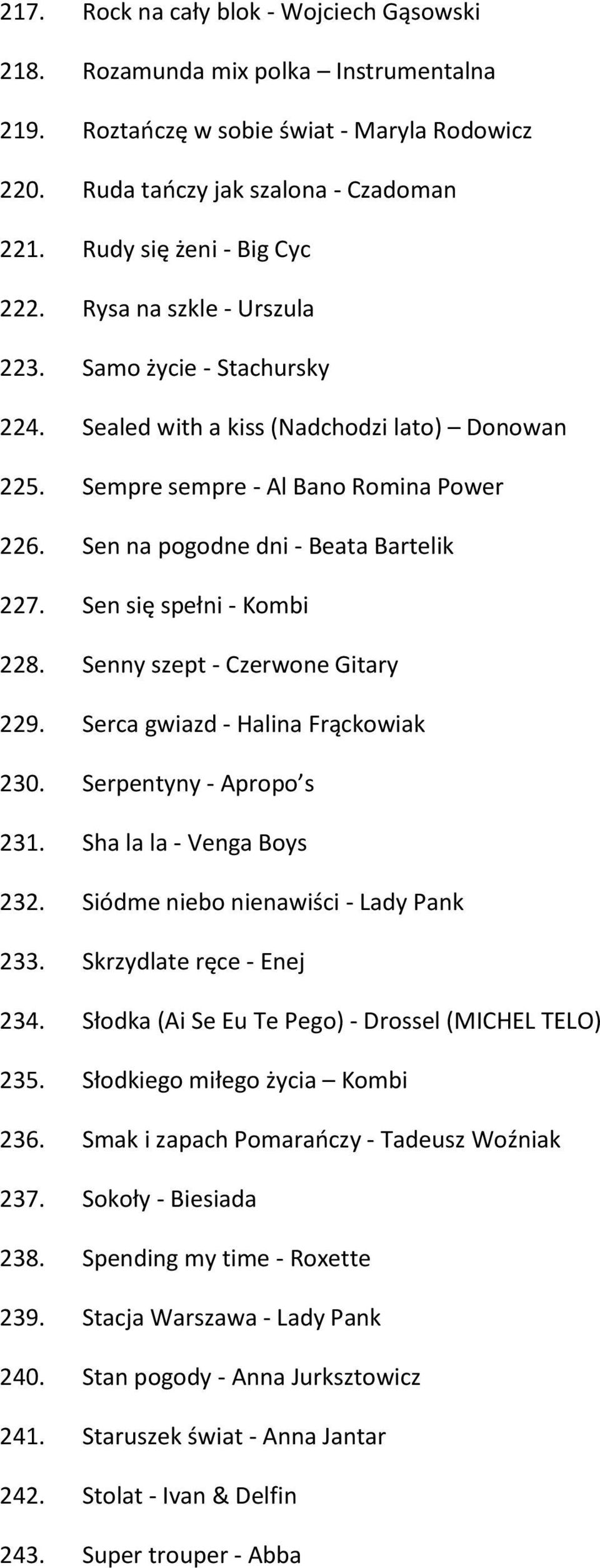 Sen na pogodne dni - Beata Bartelik 227. Sen się spełni - Kombi 228. Senny szept - Czerwone Gitary 229. Serca gwiazd - Halina Frąckowiak 230. Serpentyny - Apropo s 231. Sha la la - Venga Boys 232.