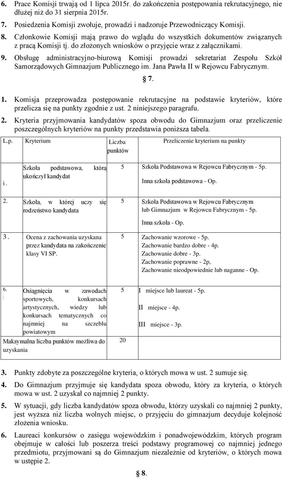 Obsługę administracyjno-biurową Komisji prowadzi sekretariat Zespołu Szkół Samorządowych Gimnazjum Publicznego im. Jana Pawła II w Rejowcu Fabrycznym. 1.