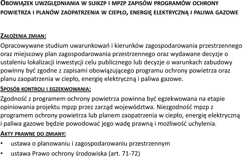 być zgodne z zapisami obowiązującego programu ochrony powietrza oraz planu zaopatrzenia w ciepło, energię elektryczną i paliwa gazowe.