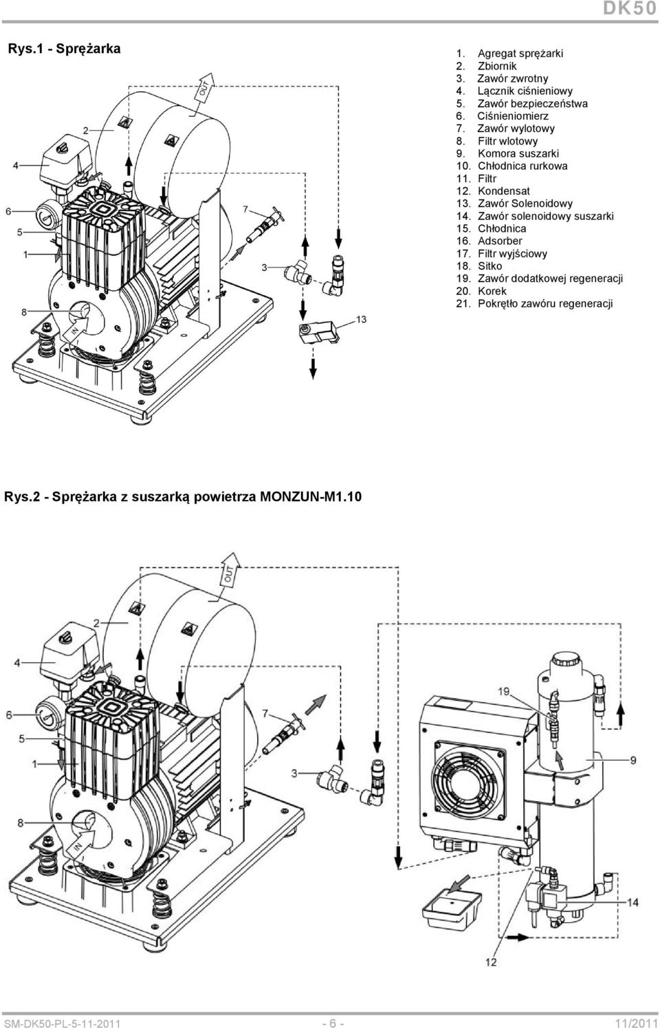 Zawór Solenoidowy 14. Zawór solenoidowy suszarki 15. Chłodnica 16. Adsorber 17. Filtr wyjściowy 18. Sitko 19.