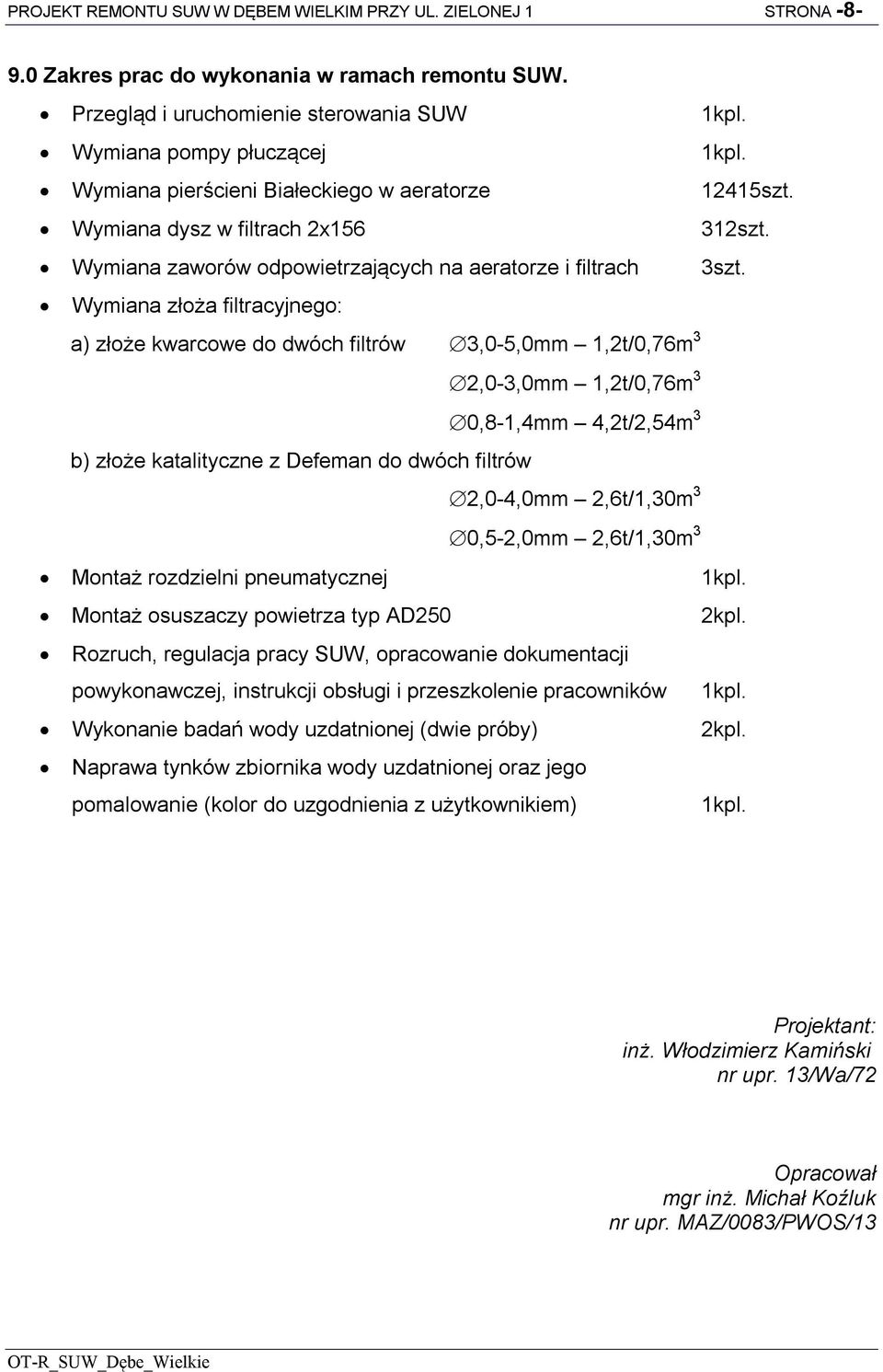 Wymiana złoża filtracyjnego: a) złoże kwarcowe do dwóch filtrów,0-5,0mm 1,t/0,76m,0-,0mm 1,t/0,76m 0,8-1,4mm 4,t/,54m b) złoże katalityczne z Defeman do dwóch filtrów,0-4,0mm,6t/1,0m 0,5-,0mm,6t/1,0m