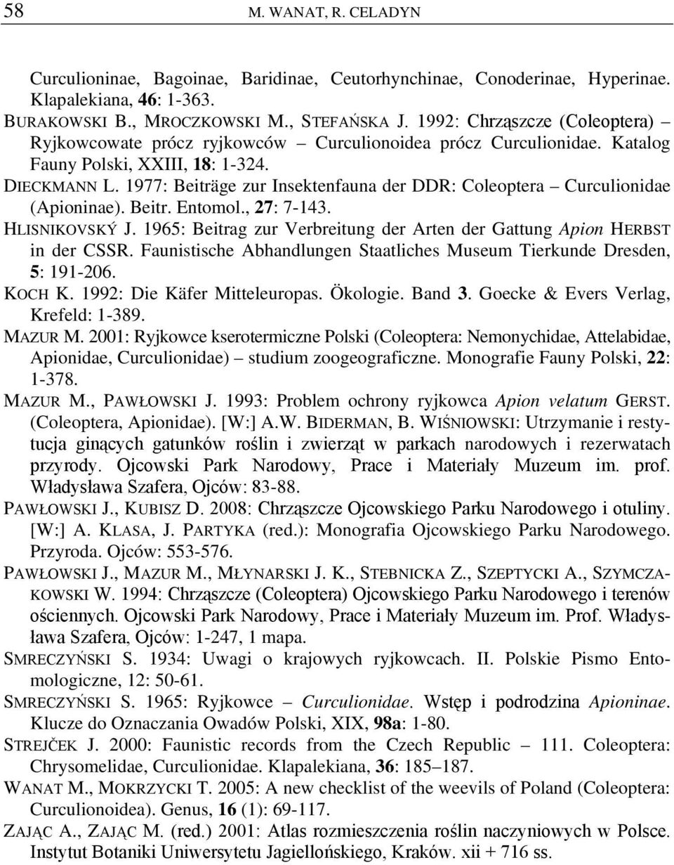 1977: Beiträge zur Insektenfauna der DDR: Coleoptera Curculionidae (Apioninae). Beitr. Entomol., 27: 7-143. HLISNIKOVSKÝ J.