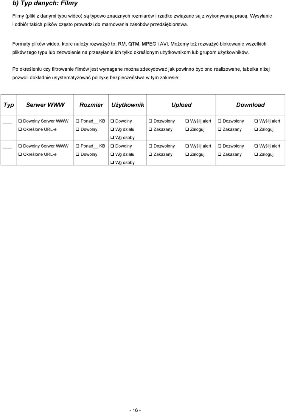 Możemy też rozważyć blokowanie wszelkich plików tego typu lub zezwolenie na przesyłanie ich tylko określonym użytkownikom lub grupom użytkowników.