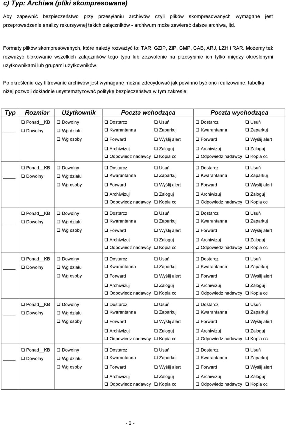 Możemy też rozważyć blokowanie wszelkich załączników tego typu lub zezwolenie na przesyłanie ich tylko między określonymi użytkownikami lub grupami użytkowników.