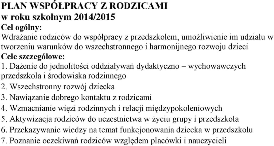 Dążenie do jednolitości oddziaływań dydaktyczno wychowawczych przedszkola i środowiska rodzinnego 2. Wszechstronny rozwój dziecka 3.