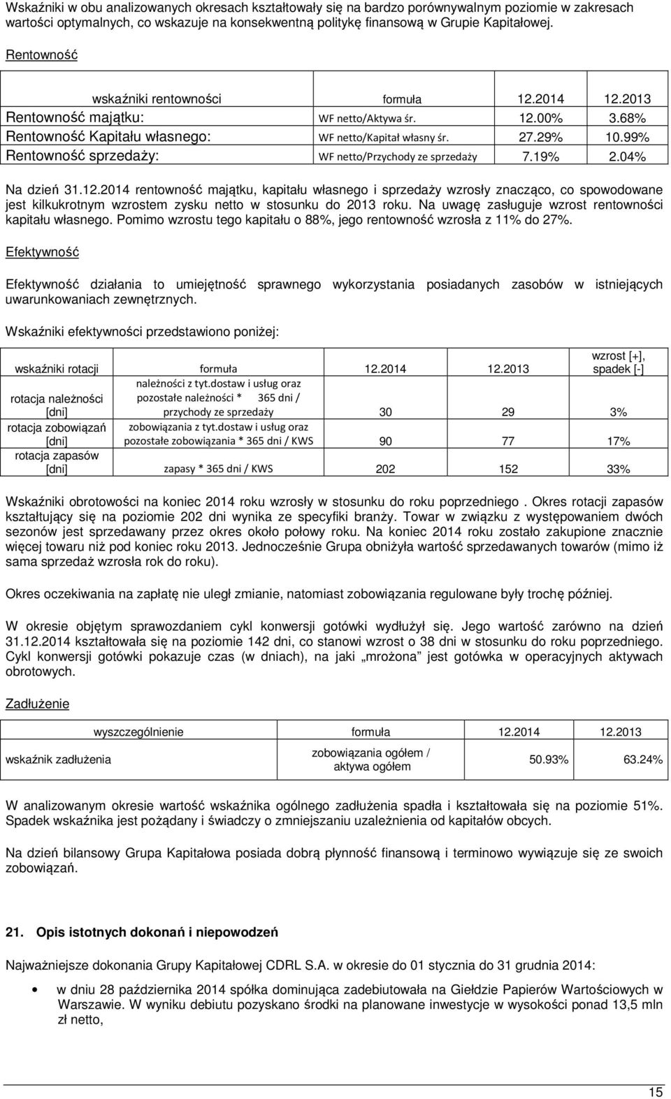 99% Rentowność sprzedaży: WF netto/przychody ze sprzedaży 7.19% 2.04% Na dzień 31.12.