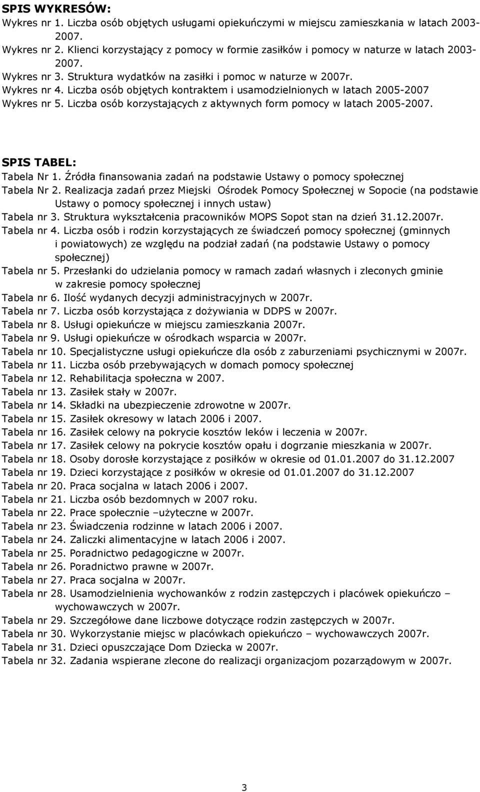 Liczba osób objętych kontraktem i usamodzielnionych w latach 2005-2007 Wykres nr 5. Liczba osób korzystających z aktywnych form pomocy w latach 2005-2007. SPIS TABEL: Tabela Nr 1.