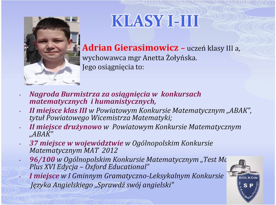 Matematycznym ABAK, tytuł Powiatowego Wicemistrza Matematyki; II miejsce drużynowo w Powiatowym Konkursie Matematycznym ABAK 37 miejsce w województwie w