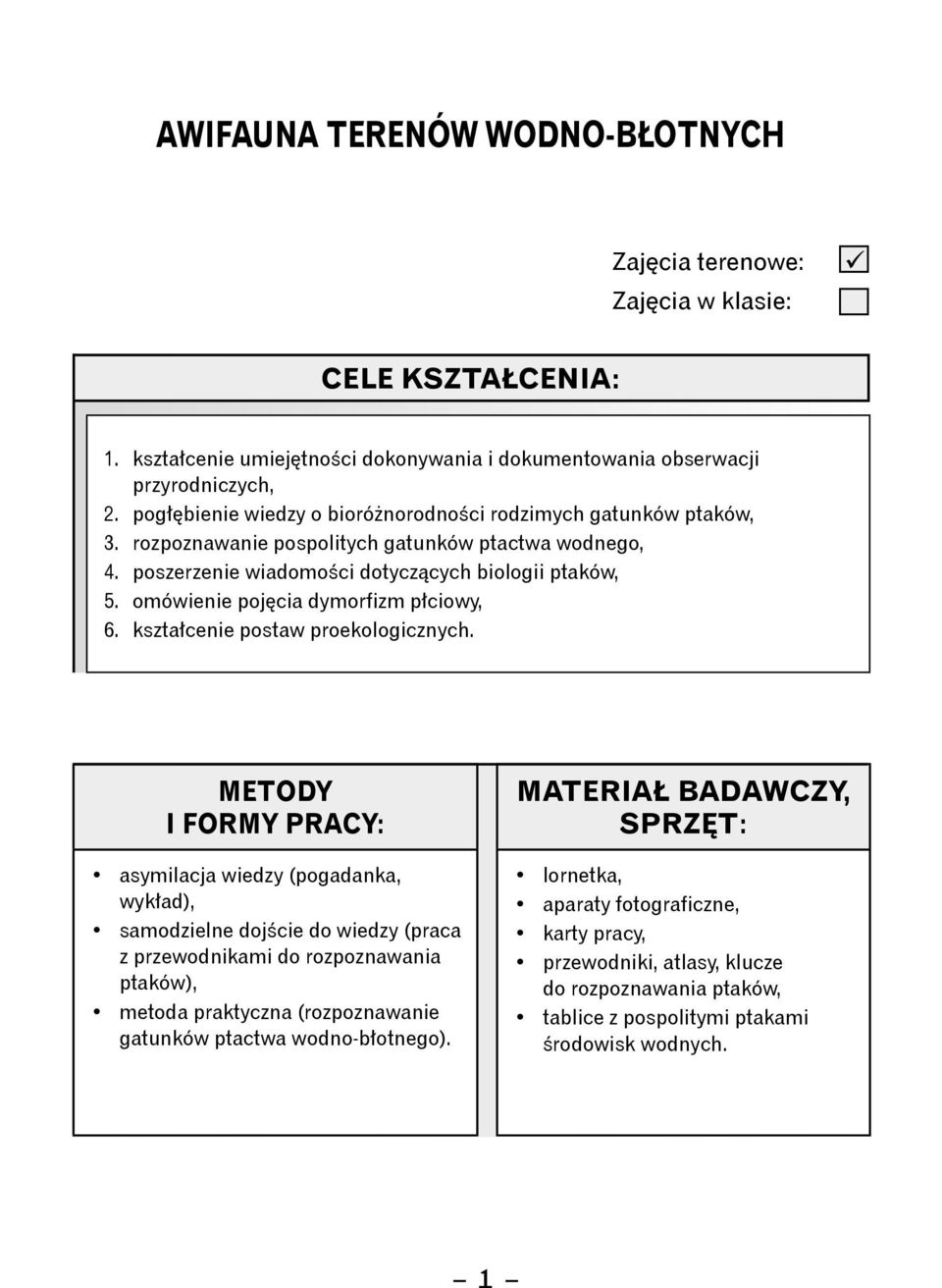 rozpoznawanie pospolitych gatunków ptactwa wodnego, 4. poszerzenie wiadomości dotyczących biologii ptaków, 5. omówienie pojęcia dymorfizm płciowy, 6. kształcenie postaw proekologicznych.