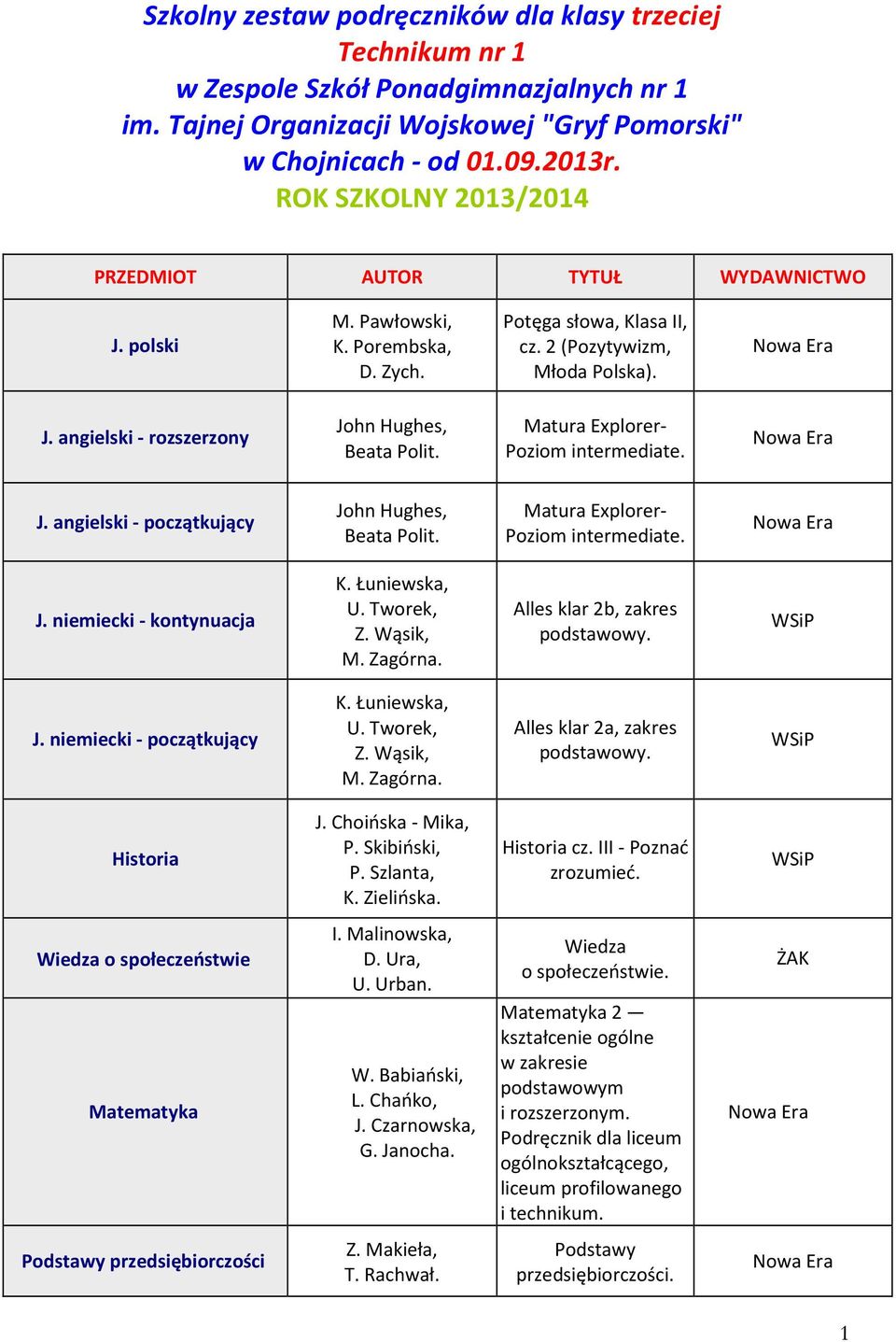 Matura Explorer- Poziom intermediate. J. angielski - początkujący John Hughes, Beata Polit. Matura Explorer- Poziom intermediate. J. niemiecki - kontynuacja K. Łuniewska, U. Tworek, Z. Wąsik, M.