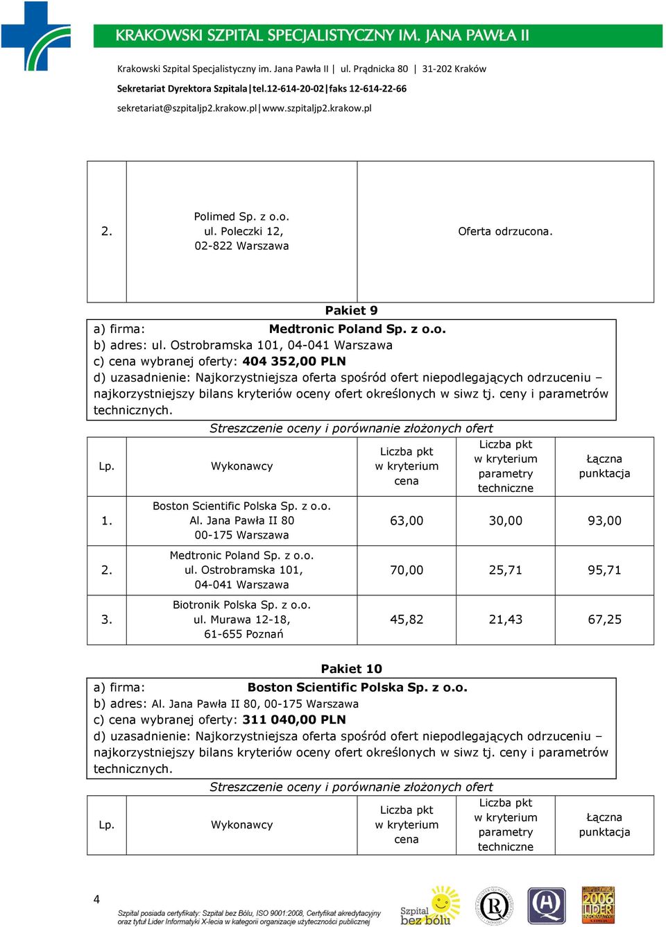 z o.o. Al. Jana Pawła II 80 00-175 Warszawa 63,00 30,00 93,00 Biotronik Polska Sp. z o.o. ul.