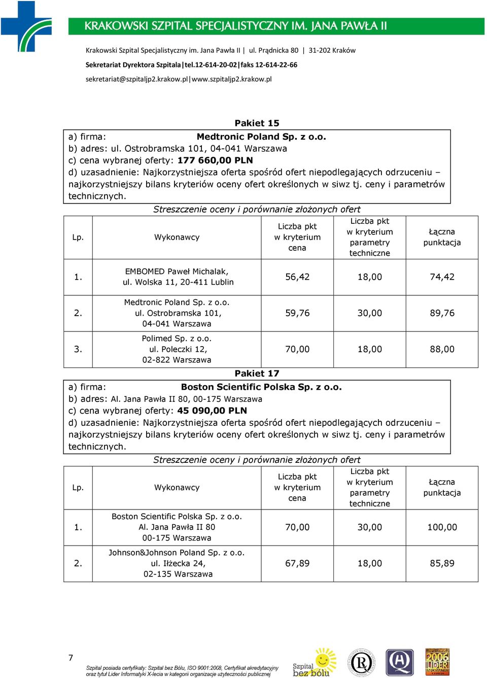 Poleczki 12, 02-822 Warszawa 59,76 30,00 89,76 70,00 18,00 88,00 Pakiet 17 a) firma: Boston Scientific Polska Sp. z o.o. b) adres: Al.