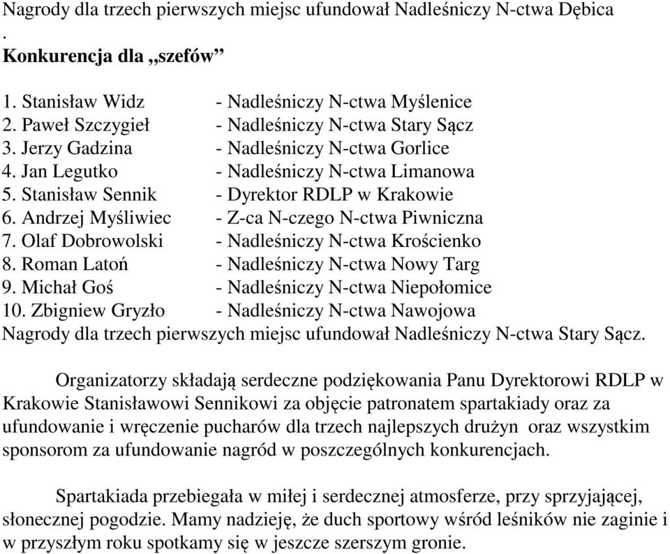 Olaf Dobrowolski - Nadleśniczy N-ctwa Krościenko 8. Roman Latoń - Nadleśniczy N-ctwa Nowy Targ 9. Michał Goś - Nadleśniczy N-ctwa Niepołomice 10.