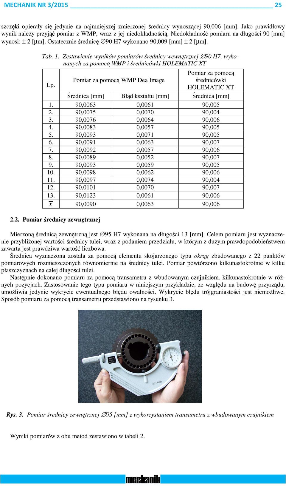 Zestawienie wyników pomiarów średnicy wewnętrznej 90 H7, wykonanych za pomocą WMP i średnicówki HOLEMATIC XT WMP Dea Image średnicówki HOLEMATIC XT Średnica [mm] Błąd kształtu [mm] Średnica [mm] 1.