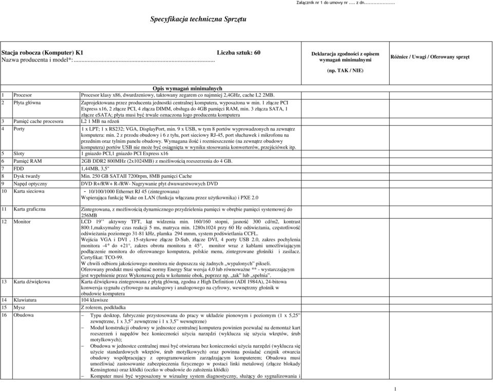 2 Płyta główna Zaprojektowana przez producenta jednostki centralnej komputera, wyposaŝona w min. 1 złącze PCI Express x16, 2 złącze PCI, 4 złącza DIMM, obsługa do 4GB pamięci RAM, min.