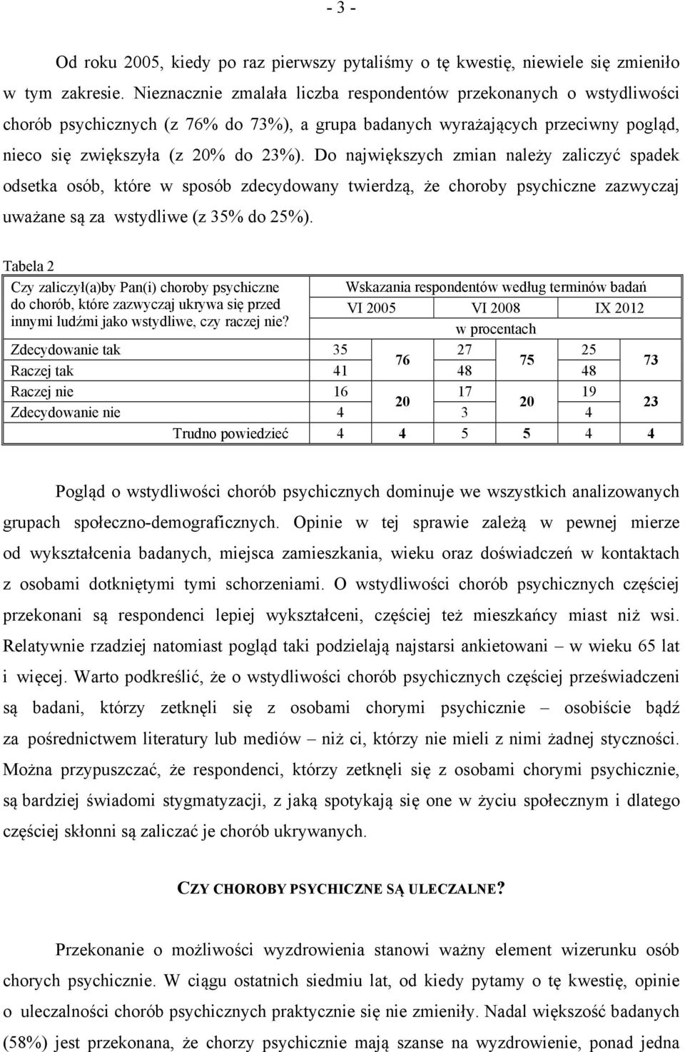 Do największych zmian należy zaliczyć spadek odsetka osób, które w sposób zdecydowany twierdzą, że choroby psychiczne zazwyczaj uważane są za wstydliwe (z 35% do 25%).