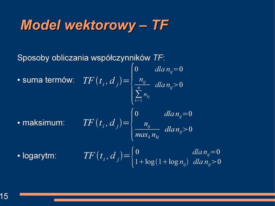 maksimum: logarytm: TF t i, d j = {0 dla n ij =0 n ij dla n max