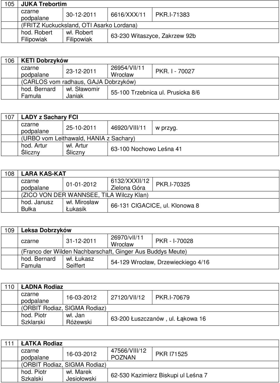 I - 70027 Wrocław (CARLOS vom radhaus, GAJA Dobrzyków) Bernard Sławomir 55-100 Trzebnica ul. Prusicka 8/6 Famuła Janiak 107 LADY z Sachary FCI 25-10-2011 46920/VIII/11 w przyg.