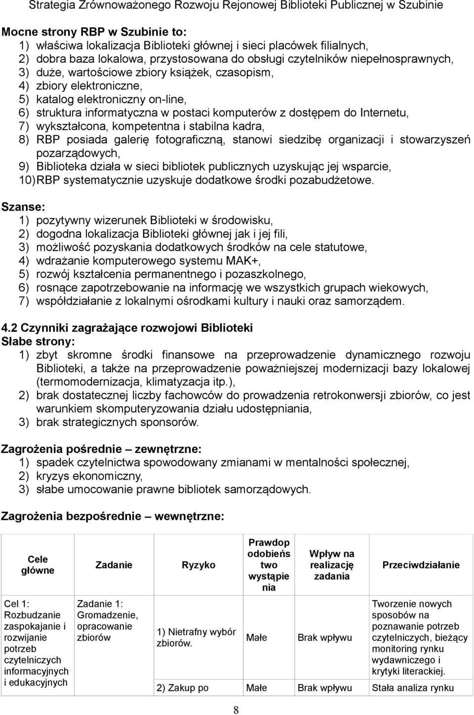 i stabilna kadra, 8) posiada galerię fotograficzną, stanowi siedzibę organizacji i stowarzyszeń pozarządowych, 9) Biblioteka działa w sieci bibliotek publicznych uzyskując jej wsparcie, 10)