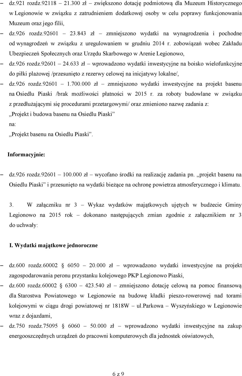 633 zł wprowadzono wydatki inwestycyjne na boisko wielofunkcyjne do piłki plażowej /przesunięto z rezerwy celowej na inicjatywy lokalne/, dz.926 rozdz.92601 1.700.