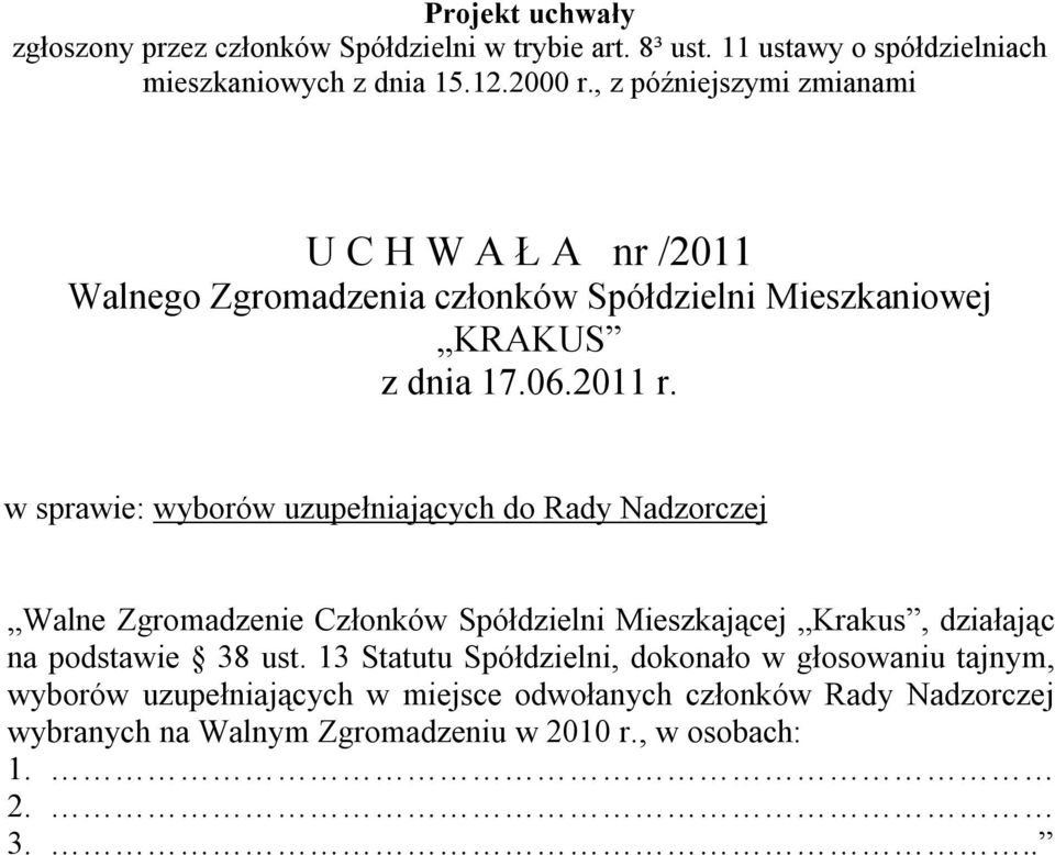 13 Statutu Spółdzielni, dokonało w głosowaniu tajnym, wyborów uzupełniających w