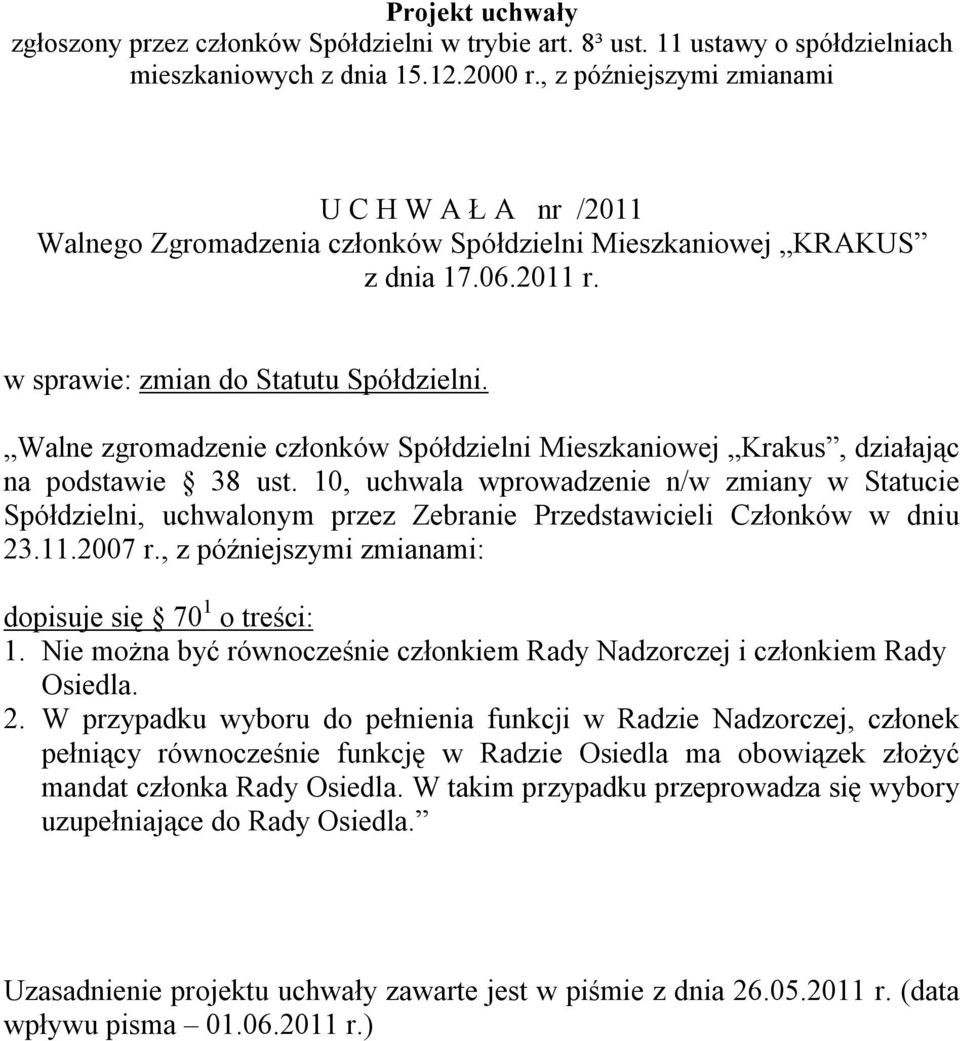 , z późniejszymi zmianami: dopisuje się 70 1 o treści: 1. Nie można być równocześnie członkiem Rady Nadzorczej i członkiem Rady Osiedla. 2.