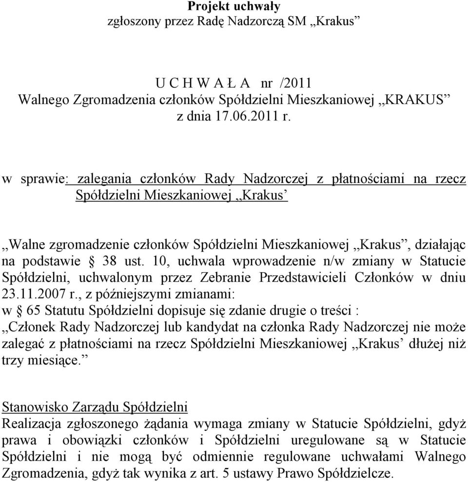 , z późniejszymi zmianami: w 65 Statutu Spółdzielni dopisuje się zdanie drugie o treści : Członek Rady Nadzorczej lub kandydat na członka Rady Nadzorczej nie może zalegać z płatnościami na rzecz