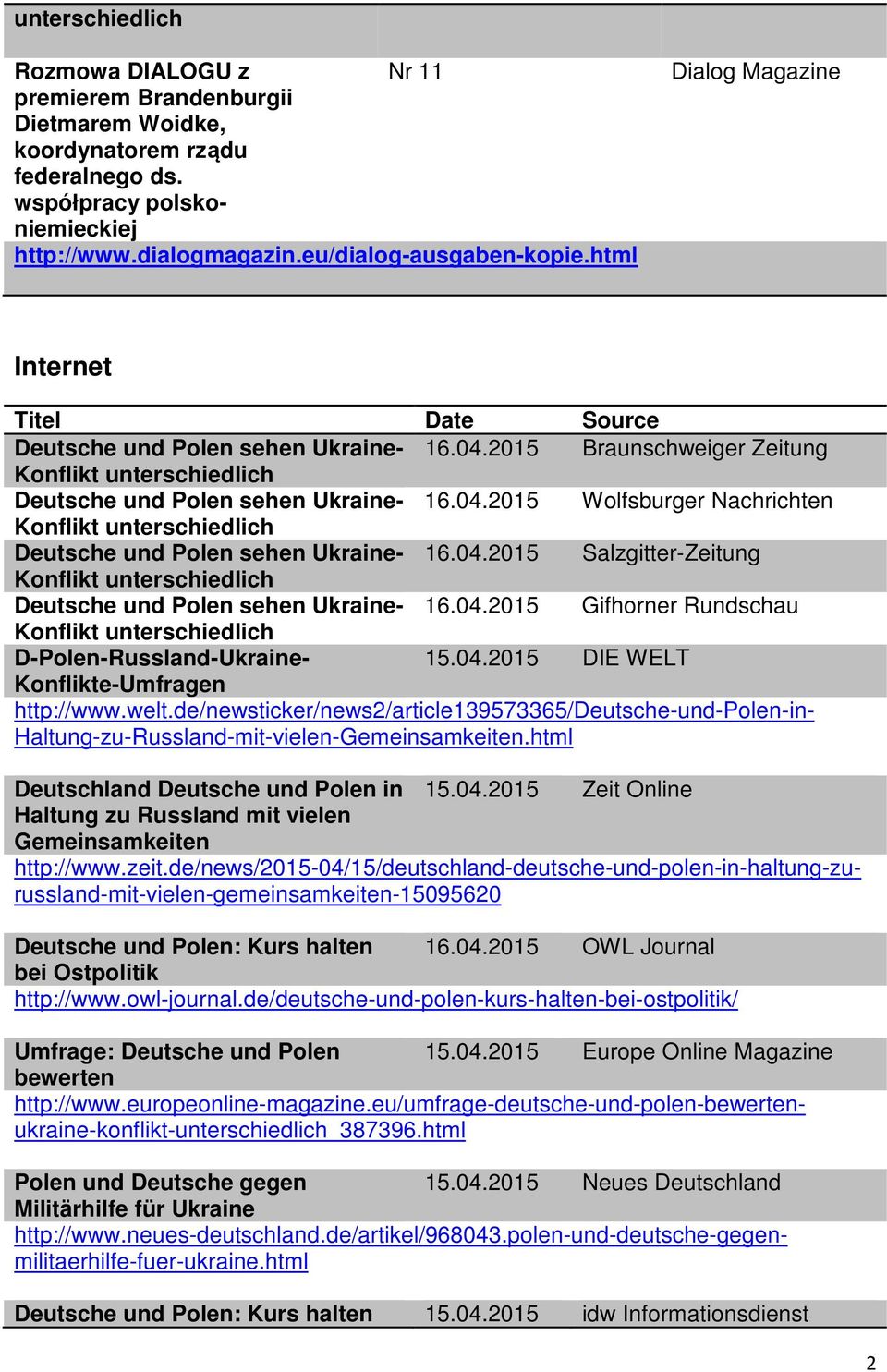 04.2015 Salzgitter-Zeitung Deutsche und Polen sehen Ukraine- 16.04.2015 Gifhorner Rundschau D-Polen-Russland-Ukraine- 15.04.2015 DIE WELT Konflikte-Umfragen http://www.welt.