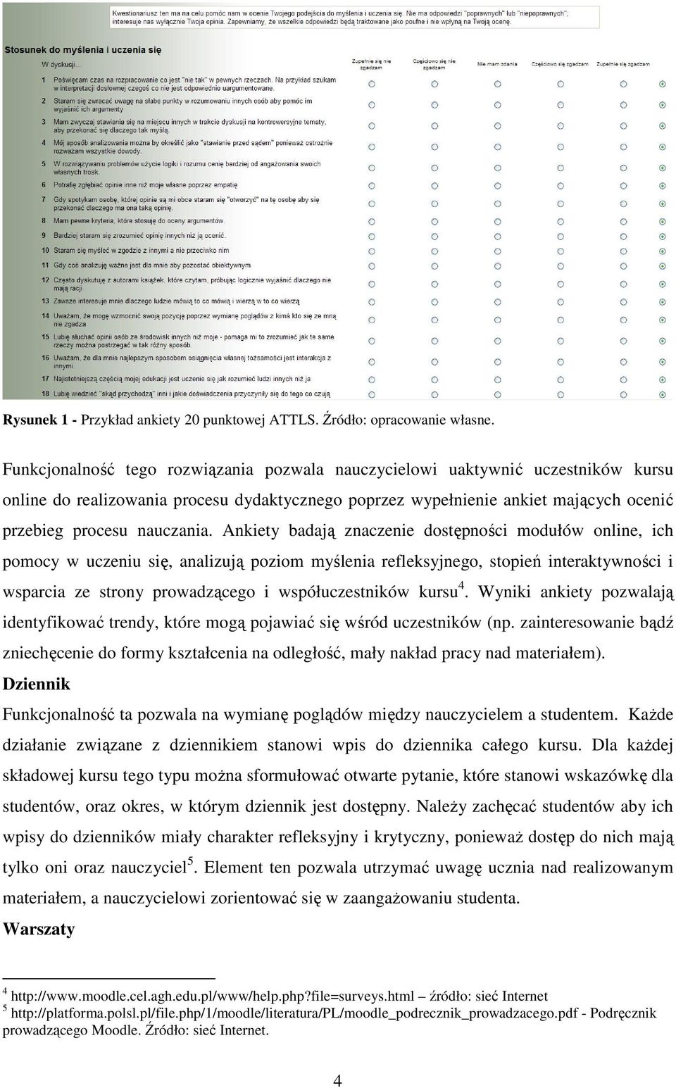 Ankiety badają znaczenie dostępności modułów online, ich pomocy w uczeniu się, analizują poziom myślenia refleksyjnego, stopień interaktywności i wsparcia ze strony prowadzącego i współuczestników