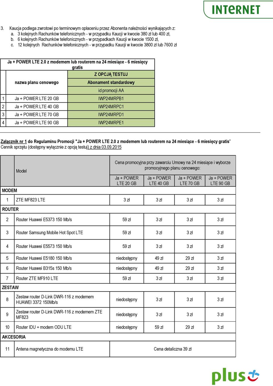 0 z modemem lub routerem na 24 miesiące - 6 miesięcy gratis nazwa planu cenowego Z OPCJĄ TESTUJ Abonament standardowy id promocji AA 1 Ja + POWER LTE 20 GB IWP24MRPB1 2 Ja + POWER LTE 40 GB